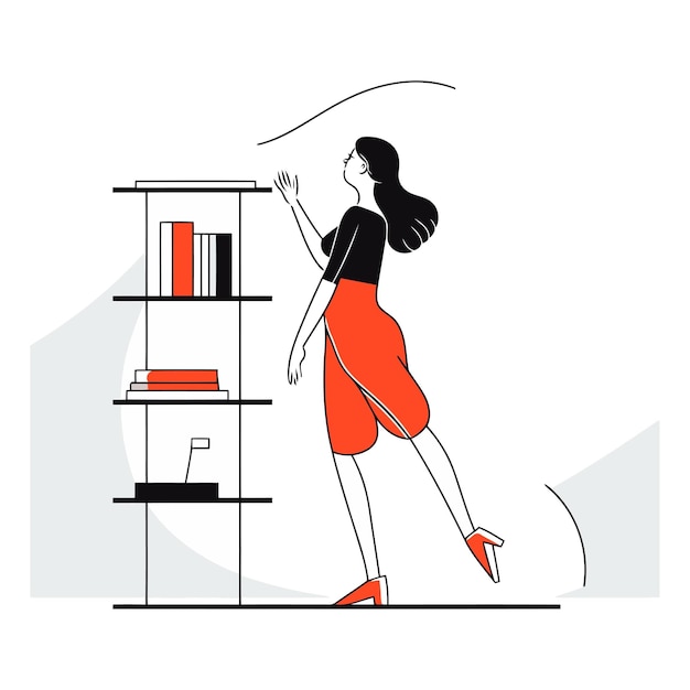 Ilustración vectorial de una mujer con un vestido rojo de pie cerca de la estantería