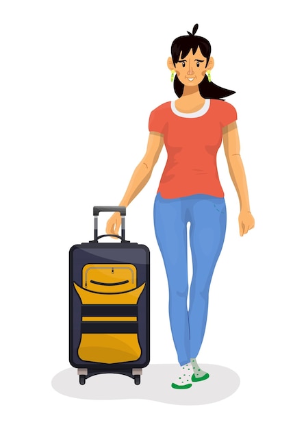 Ilustración vectorial de mujer viajando con maleta sobre un fondo blanco.