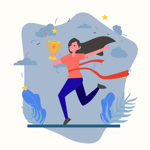 Ilustración vectorial de una mujer victoriosa corriendo para ganar una competencia y agarrando un trofeo de oro
