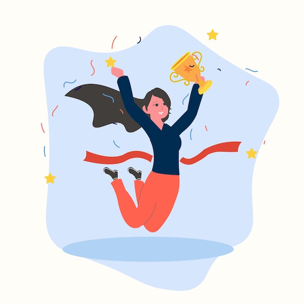 Ilustración vectorial de una mujer victoriosa gana una competencia y agarra un trofeo de oro