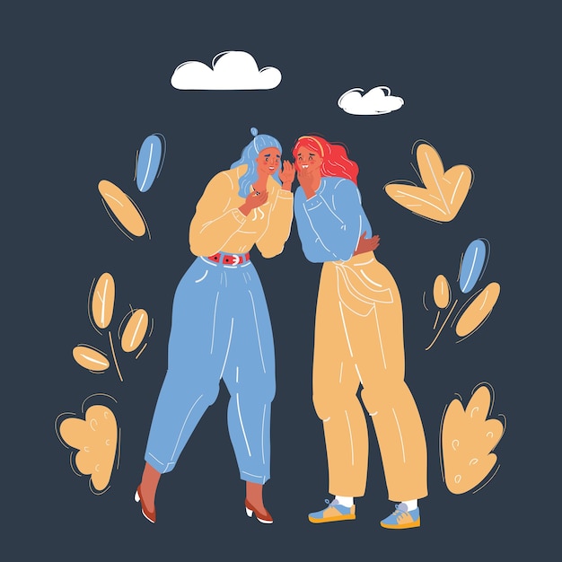 Ilustración vectorial de mujeres hablando entre sí Los chismes y rumores hablan en un fondo oscuro