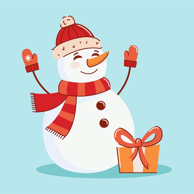Ilustración vectorial de un muñeco de nieve con un regalo agitando su mano en una manopla el concepto de navidad