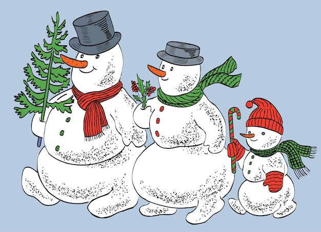Ilustración vectorial de muñecos de nieve felices de la familia caminando juntos en diciembre