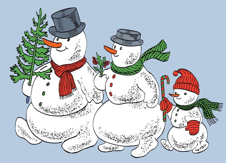Vector ilustración vectorial de muñecos de nieve felices de la familia caminando juntos en diciembre