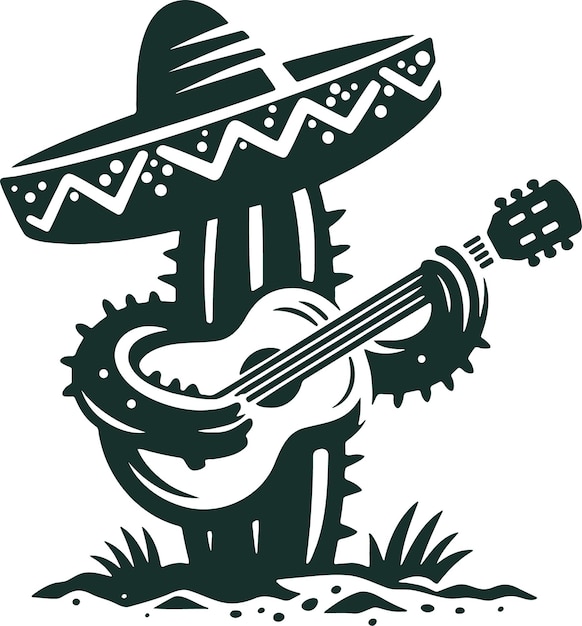 Ilustración vectorial de un músico de cactus con sombrero tocando la guitarra