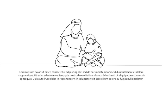 Ilustración vectorial de un musulmán enseñando a una niña a leer el Corán
