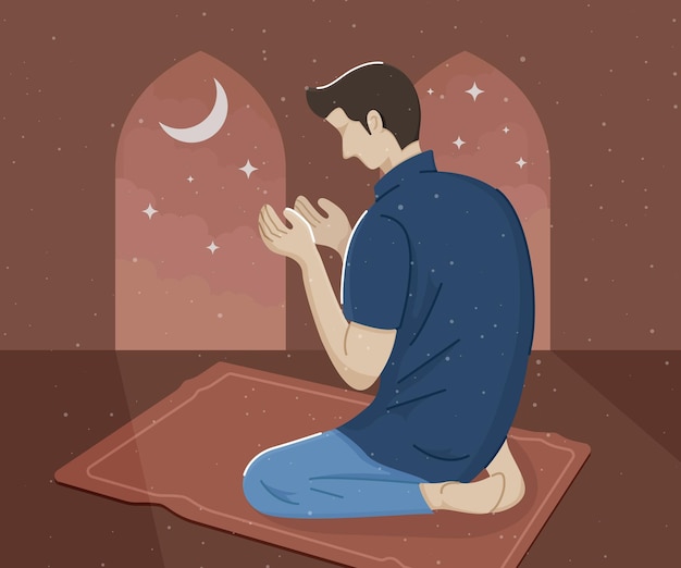 Vector ilustración vectorial de un musulmán rezando fervientemente en la noche del ramadán