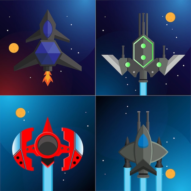 Vector ilustración vectorial de naves espaciales de varias formas que vuelan en el espacio ultraterrestre.