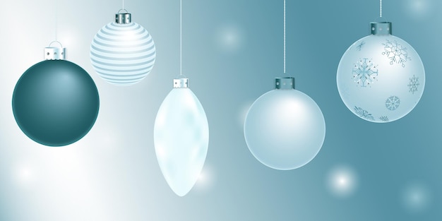 Ilustración vectorial de Navidad en 3D con bolas y degradados La decoración navideña moderna en colores azul claro y blanco es perfecta para tarjetas de felicitación, impresiones de decoración de regalos