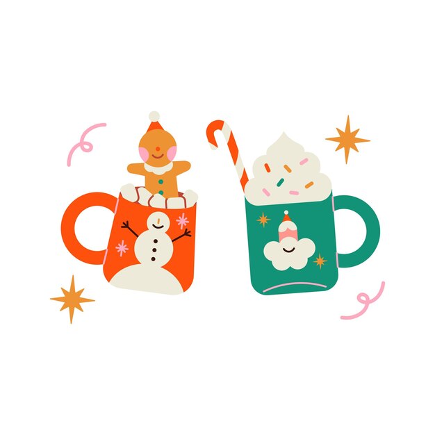 Ilustración vectorial de Navidad y Año Nuevo Hombre de pan de jengibre taza de cacao caliente con malvavisco.