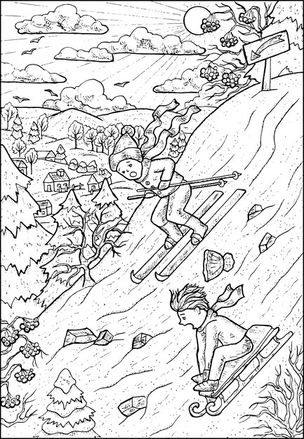 Ilustración vectorial de Navidad y Año Nuevo con niños divertidos en trineo y esquiando por la montaña
