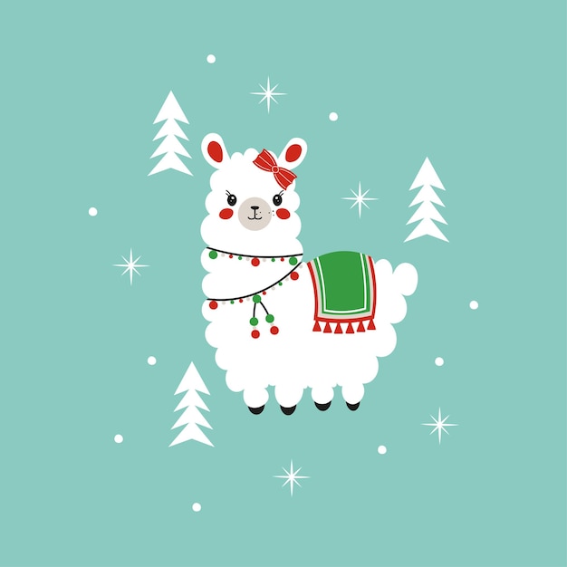 Ilustración vectorial de Navidad de Apaca con arco y capa para el diseño de camisetas de tarjetas