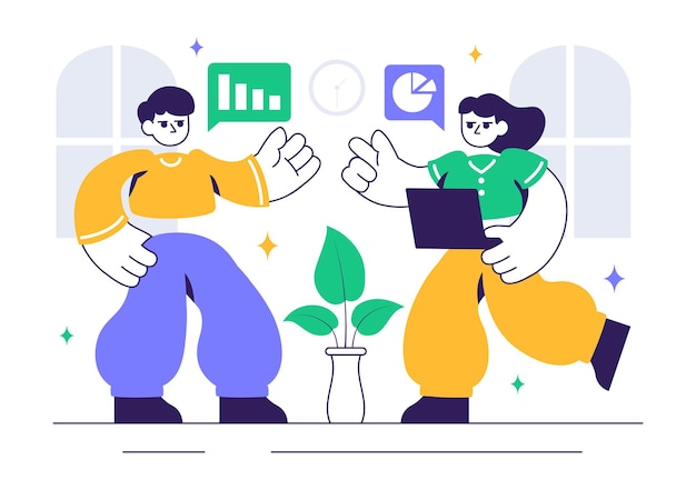 Ilustración vectorial de un negocio de coworking con colegas hablando, reuniéndose y trabajando juntos en un entorno de oficina.