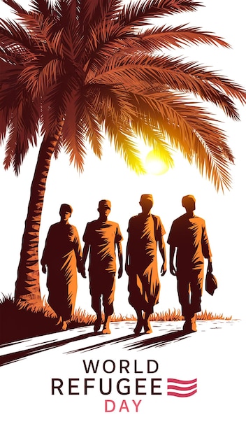 Ilustración vectorial negra silueta de palma sol para el diseño de plantilla de banner del Día Mundial de los Refugiados
