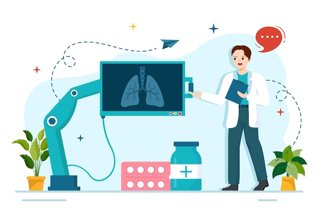 Ilustración vectorial del neumólogo con examen y tratamiento del sistema respiratorio de los pulmones
