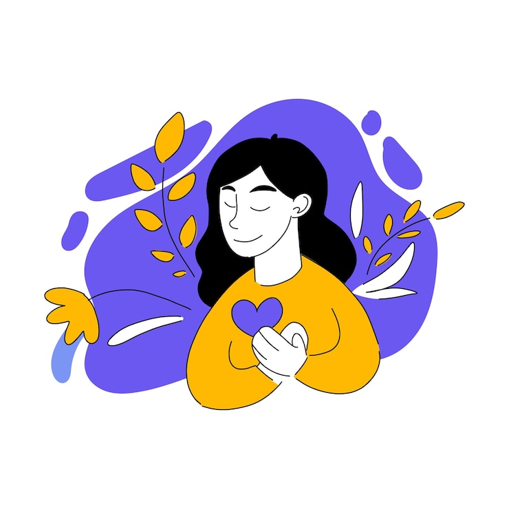 Ilustración vectorial de niña agradecida Rezar mujer oración corazón apoyo gratitud meditación meditar práctica espiritual psicoterapia de salud mental Concepto de atención plena Estilo de dibujo plano EPS10