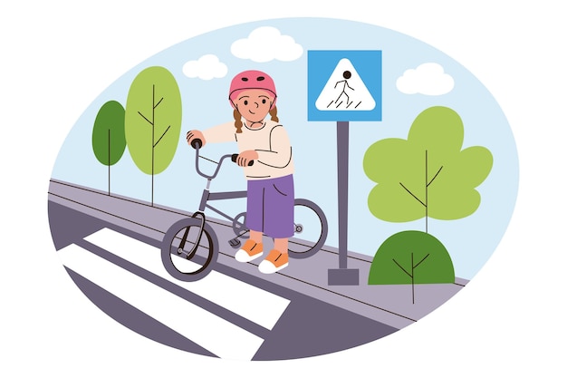 Ilustración vectorial de una niña con bicicleta en un cruce de peatones. Niño de dibujos animados con casco en el tráfico.