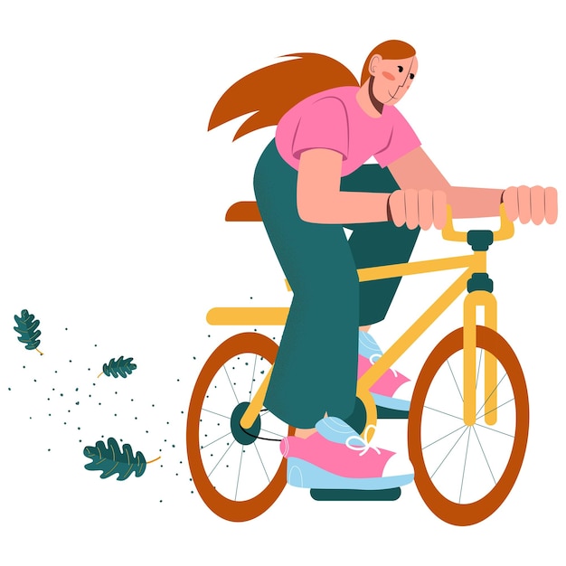 Vector ilustración vectorial de una niña caminando en bicicleta