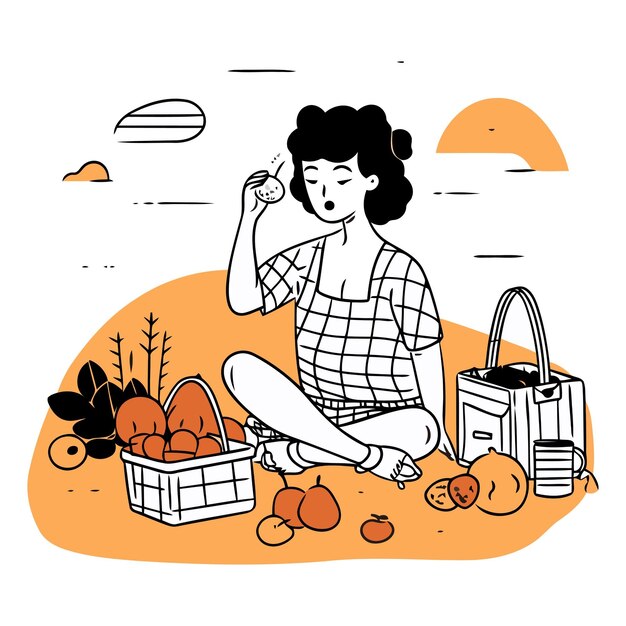 Vector ilustración vectorial de una niña con una canasta de frutas y verduras