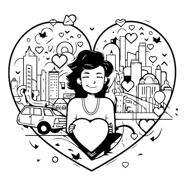 Vector ilustración vectorial de una niña en la ciudad con un marco en forma de corazón