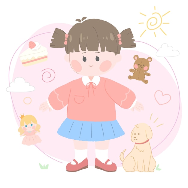 Ilustración vectorial de niña con colección de juguetes femeninos