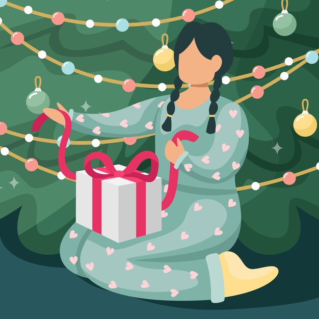 Ilustración vectorial de una niña desempacando un regalo de Navidad debajo de un árbol de Navidad