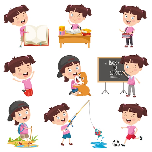 Ilustración vectorial de niña de dibujos animados haciendo diversas actividades