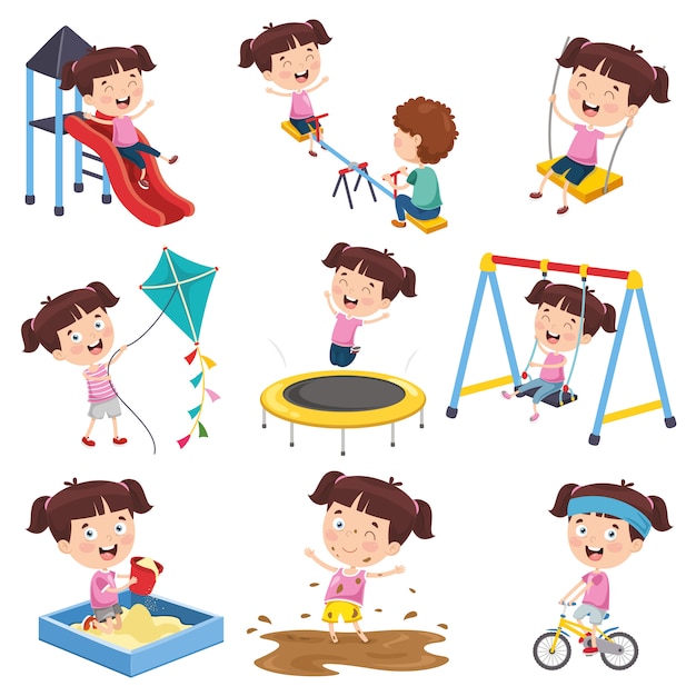 Vector ilustración vectorial de niña de dibujos animados haciendo diversas actividades