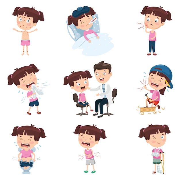 Ilustración vectorial de niña de dibujos animados haciendo diversas actividades