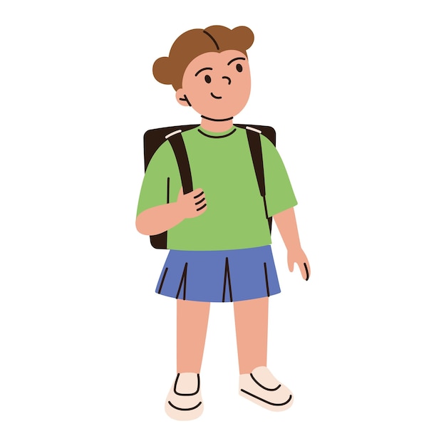 Ilustración vectorial de una niña de la escuela de dibujos animados con mochila con camisa verde y falda azul linda y