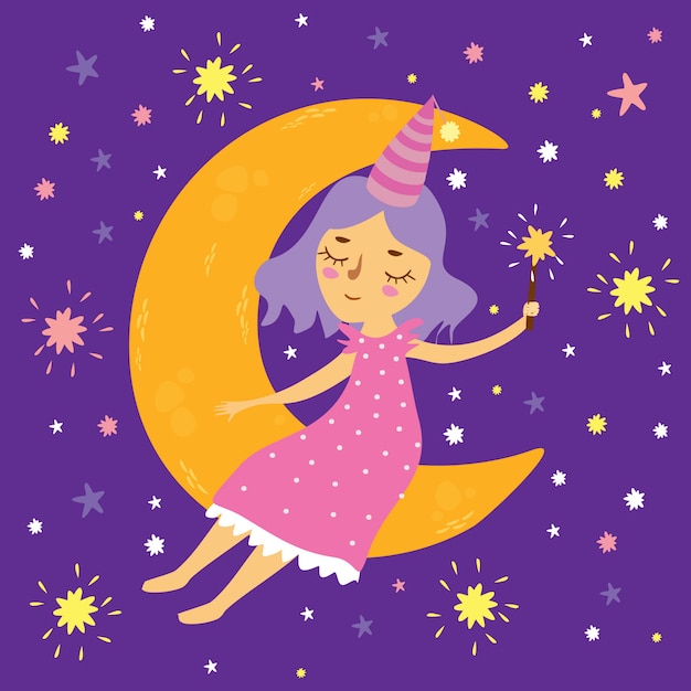 Vector ilustración vectorial de una niña en el espacio sentado en la luna con una varita mágica, buenas noches