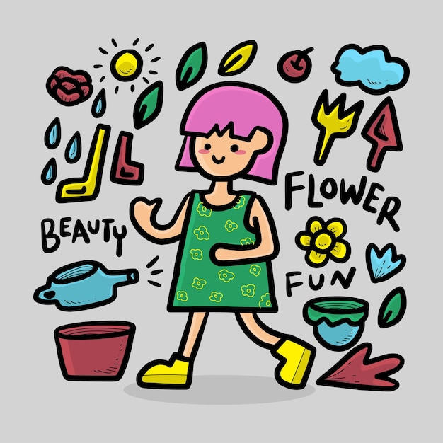 Ilustración vectorial de niña de las flores y artículos relacionados