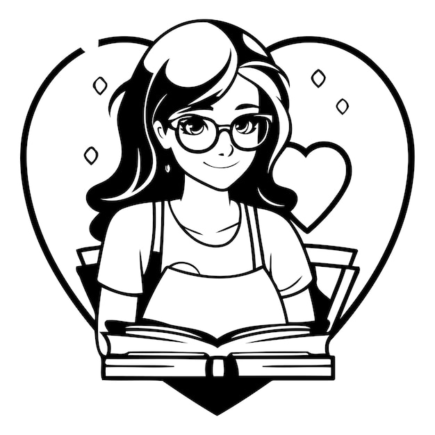 Vector ilustración vectorial de una niña con gafas leyendo un libro en forma de corazón