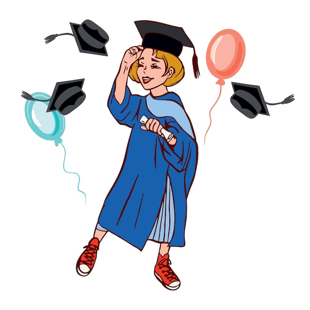 Ilustración vectorial de una niña graduada universitaria Una postal decorada con lirios para la ceremonia de graduación Se puede utilizar como volante publicitario