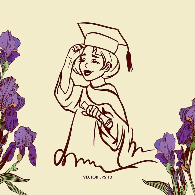 Ilustración vectorial de una niña graduada universitaria Una postal decorada con lirios para la ceremonia de graduación Se puede utilizar como volante publicitario