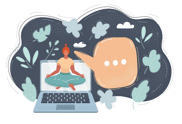 Vector ilustración vectorial de una niña haciendo ejercicios de yoga en línea en la pantalla de una computadora portátil