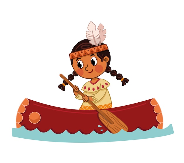 Ilustración vectorial de una niña india con canoa