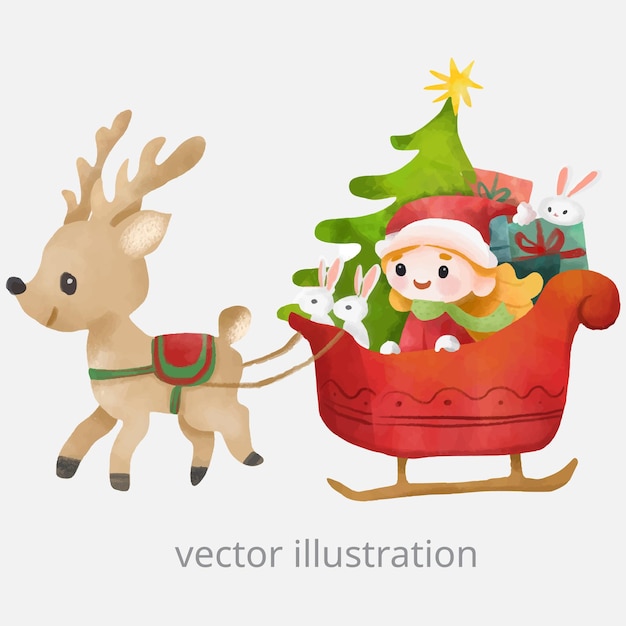 Ilustración vectorial de una niña linda en traje de Santa Claus y renos para la celebración de Navidad