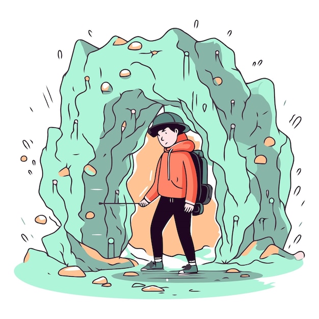 Vector ilustración vectorial de una niña con una mochila caminando en una cueva