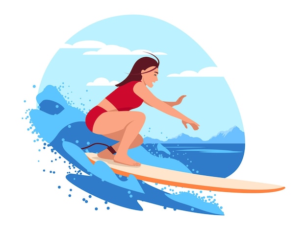 Ilustración vectorial con una niña montando una tabla de surf Escena de dibujos animados con una chica en traje de baño montando una tablilla de surf en una ola aislada sobre un fondo blanco Recreación activa de verano