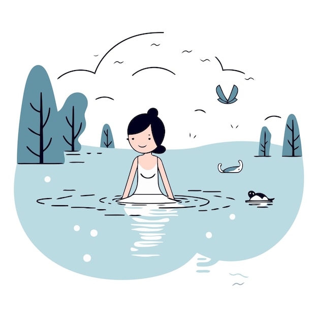 Vector ilustración vectorial de una niña nadando en un lago en el parque