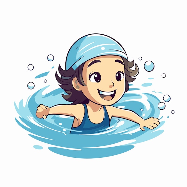 Vector ilustración vectorial de una niña nadando en la piscina al estilo de dibujos animados