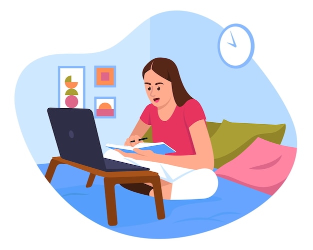 Ilustración vectorial con una niña que trabaja en casa Escena de dibujos animados con una chica sentada en una habitación en una cama con un reloj carteles en la pared un cuaderno y una computadora portátil sobre un fondo blanco Aprender en línea