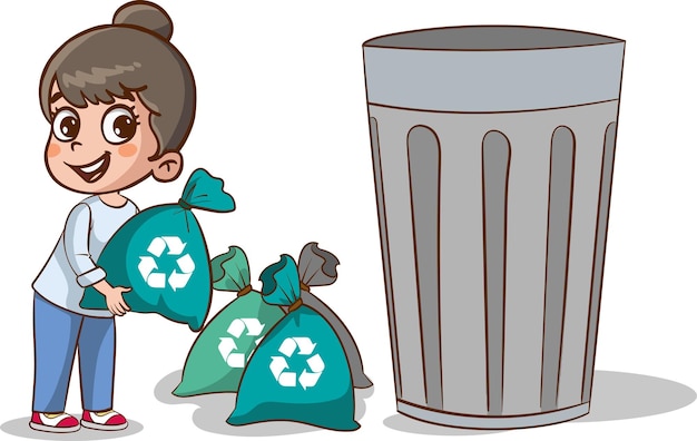 Ilustración vectorial de una niña reciclando basura