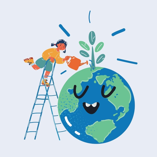 Ilustración vectorial de una niña regando una planta verde joven de un globo terrestre feliz y sonriente