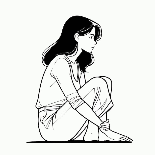 Vector ilustración vectorial de una niña sentada pensativa con sentimientos tristes