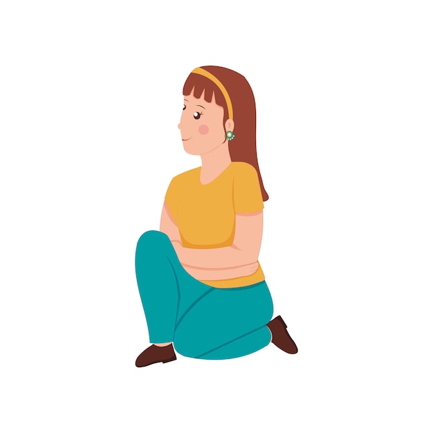 Ilustración vectorial de niña sentada sobre una rodilla sobre fondo blanco.