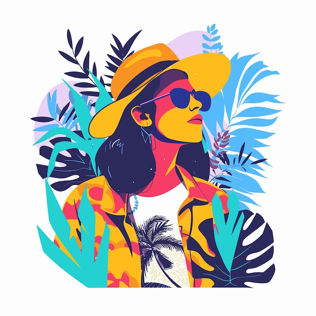 Vector ilustración vectorial de una niña con sombrero y gafas de sol sobre el fondo de hojas tropicales