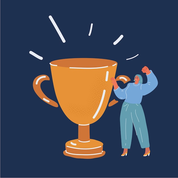 Ilustración vectorial de una niña sosteniendo una gran copa de premio gigante sobre un fondo oscuro