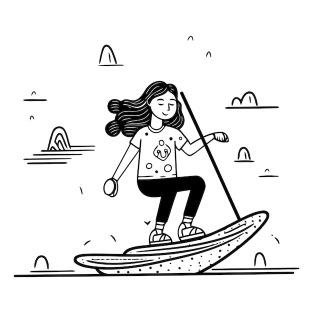 Vector ilustración vectorial de una niña en una tabla de remo en el mar